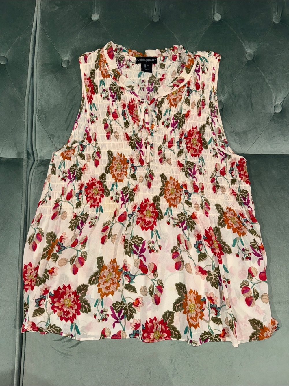 Cynthia Rowley Cream Floral Smocked Sleeveless Top with Pink & Orange Blooms